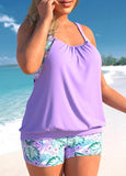 Plus Size Floral Print Light Purple Tankini Set