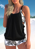 Black Leaf Print Blouson Tankini Set