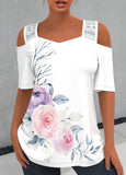 Floral Print Lace Stitching Cold Shoulder T Shirt