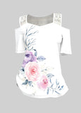 Floral Print Lace Stitching Cold Shoulder T Shirt