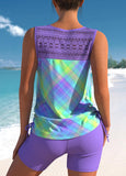 Lace Patchwork Ombre Light Purple Plaid Tankini Set