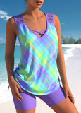 Lace Patchwork Ombre Light Purple Plaid Tankini Set