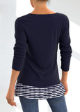 Striped Decorative Button Layered Hem Navy T Shirt