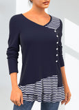 Striped Decorative Button Layered Hem Navy T Shirt