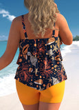 Aquatic Creatures Print Plus Size Orange Tankini Set