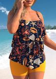 Aquatic Creatures Print Plus Size Orange Tankini Set