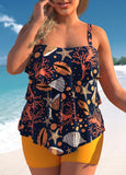 Aquatic Creatures Print Plus Size Orange Tankini Set