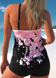 Floral Print Wide Strap Pink Tankini Set