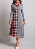 Button Tartan Print Dark Grey Dress