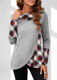 Plaid Cowl Neck Grey Long Sleeve Sweatshirt