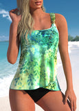 Cross Hem Green Leaf Print Tankini Top