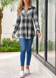 Grey Tartan Print Long Sleeve Shirt Collar Blouse