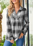 Grey Tartan Print Long Sleeve Shirt Collar Blouse