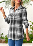 Grey Tartan Print Long Sleeve Shirt Collar Blouse