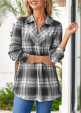 Grey Tartan Print Long Sleeve Shirt Collar Blouse