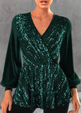 Blackish Green Sequin Long Sleeve V Neck Blouse