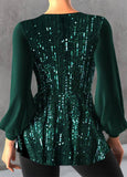 Blackish Green Sequin Long Sleeve V Neck Blouse