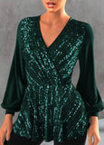 Blackish Green Sequin Long Sleeve V Neck Blouse