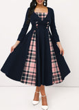 Navy Button Insert Tartan Print 3/4 Sleeve Dress