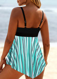 Lace Up Cyan Asymmetric Hem Striped Swimdress Top