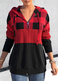 Zipper Tartan Print Red Long Sleeve Hoodie