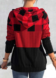 Zipper Tartan Print Red Long Sleeve Hoodie