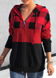 Zipper Tartan Print Red Long Sleeve Hoodie