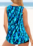 Lace Up Blue Geometric Print Tankini Set