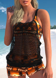 Lace Orange Tribal Print Mid Waisted Tankini Set