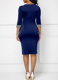 Bowknot Houndstooth Print Navy Knee Length Bodycon Dress