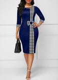 Bowknot Houndstooth Print Navy Knee Length Bodycon Dress