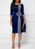 Bowknot Houndstooth Print Navy Knee Length Bodycon Dress