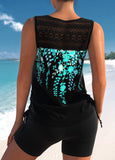 Cyan Lace Stitching Leaf Print Tankini Set