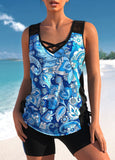 Blue Lace Stitching Paisley Print Tankini Set