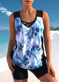 Blue Lace Stitching Floral Print Tankini Set