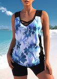 Blue Lace Stitching Floral Print Tankini Set