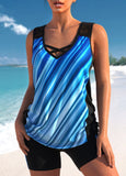 Blue Lace Stitching Criss Cross Tankini Set