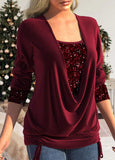 Sequin Wine Red Square Neck T Shirt