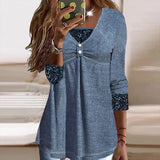 Blue Scoop Neck Long Sleeve Solid Color Top