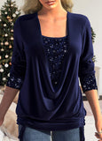 Navy Sequin Long Sleeve Square Neck T Shirt