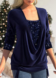 Navy Sequin Long Sleeve Square Neck T Shirt