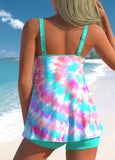 Cyan Double Straps Tie Dye Print Tankini Top