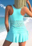 Lace Stitching Layered Cyan Tankini Set