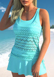 Lace Stitching Layered Cyan Tankini Set