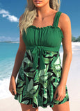 Bowknot Green Leaf Print Swimdress Top