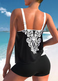 Black Double Straps Tribal Print Tankini Set