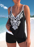 Black Double Straps Tribal Print Tankini Set