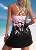 Metal Ring Light Pink Floral Print Swimdress Top