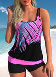 Leaf Print Rose Pink Double Straps Tankini Set