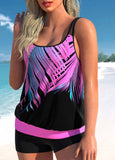 Leaf Print Rose Pink Double Straps Tankini Set